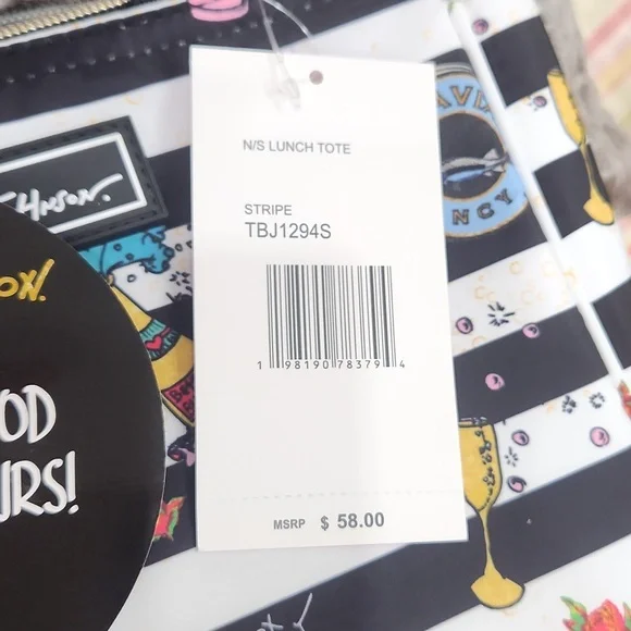 NWT Betsey Johnson "Caviar & Bubbly" Insulated Lunch Tote Chic Striped Bag - Picture 7 of 17